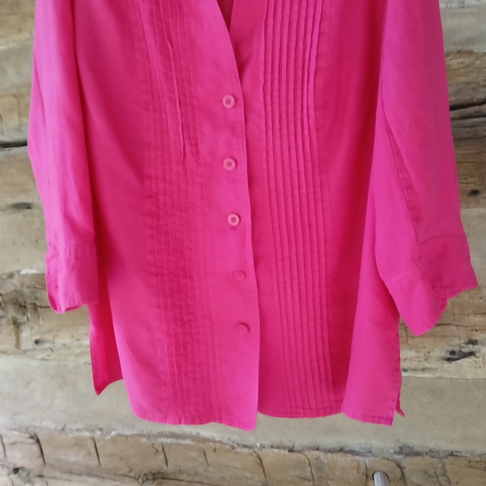 Kim Rogers Fuschia Pintuck 3/4 Sleeve Button Down Linen Shirt Size 1X - Picture 3 of 7